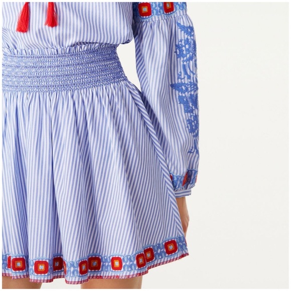TORY BURCH Oxford Stripe Embroider Hem Grace Skirt, Blue Dusk and White, Size XL - Picture 2 of 8